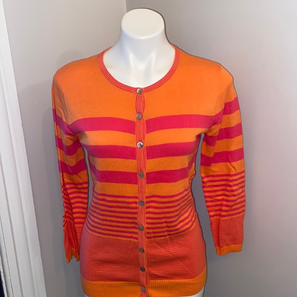 Lauren Hansen Small orange cardigan sweater spring